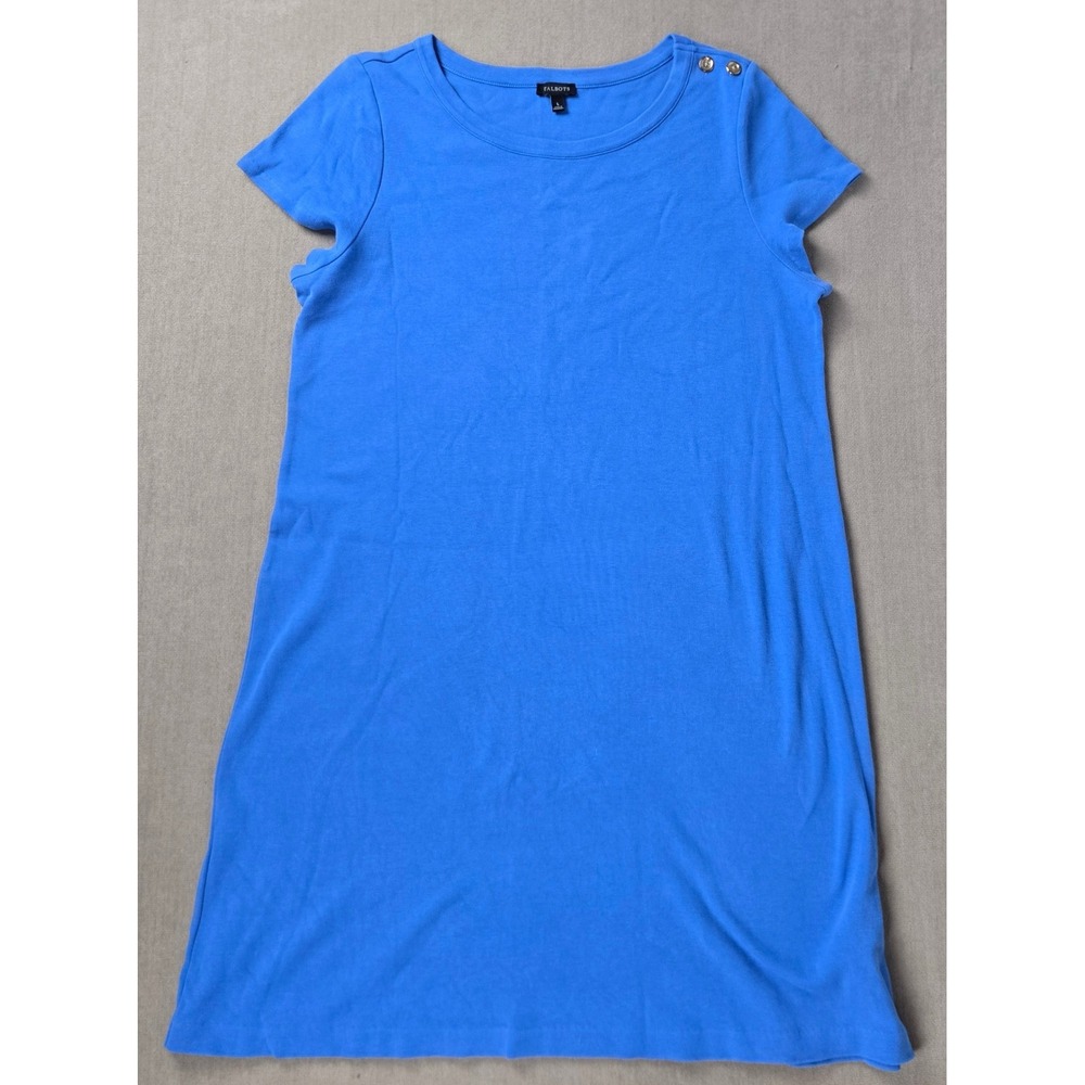 Talbots Blue Cotton Short Sleeve T-Shirt Dress Gold Shoulder Buttons Large